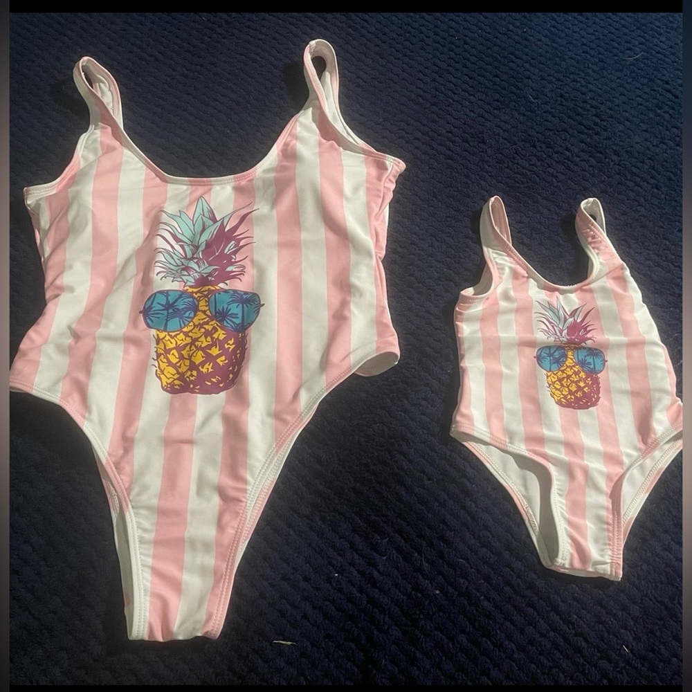 Mommy and Me Matching Swimsuits, Pink and White stripe, pineapple design